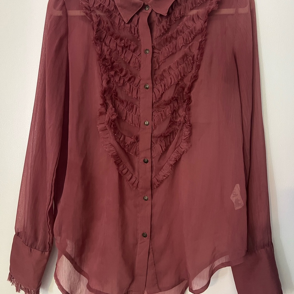 Free People Burgundy Ruffle Blouse